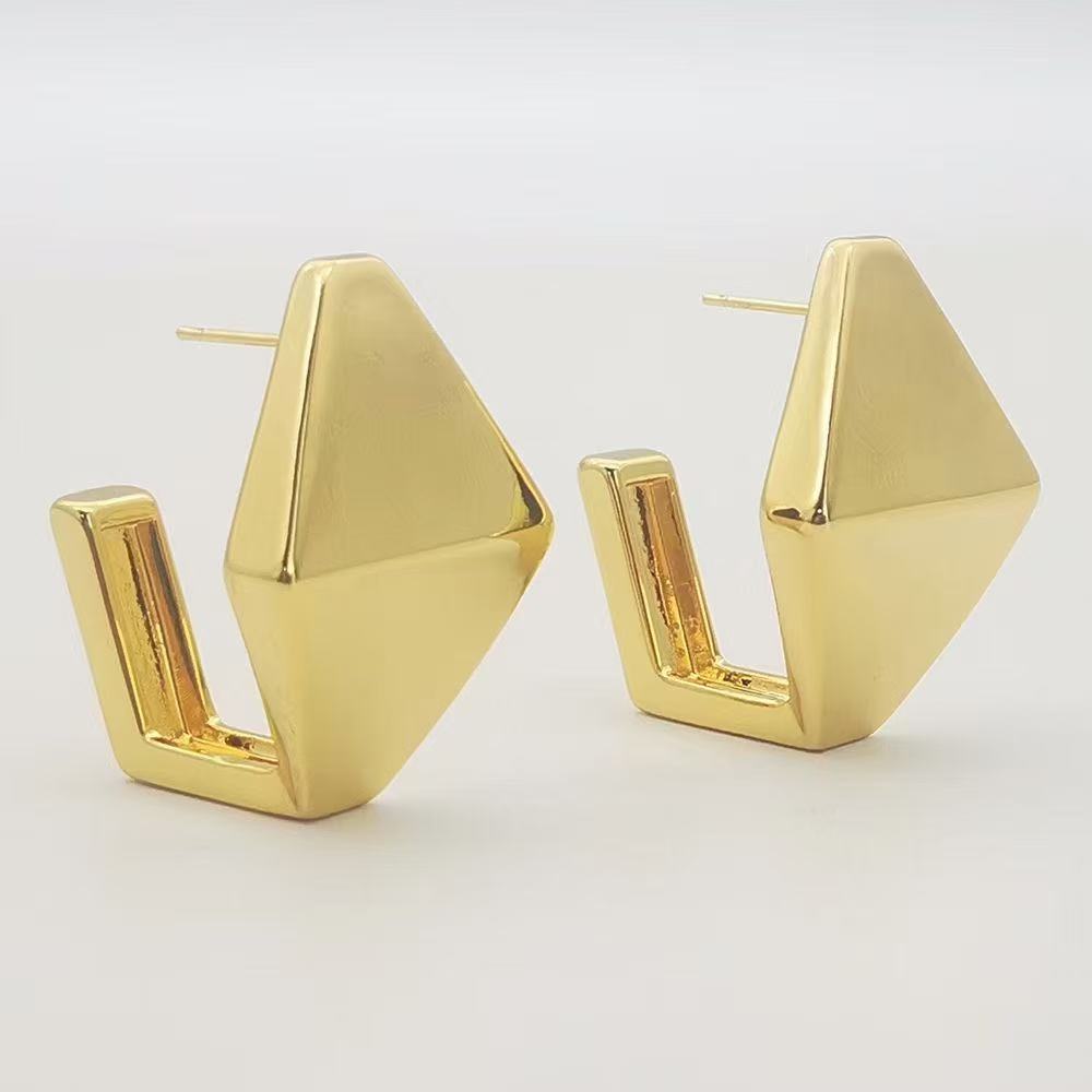 Brass electroplated 24k real gold geometric diamond earrings