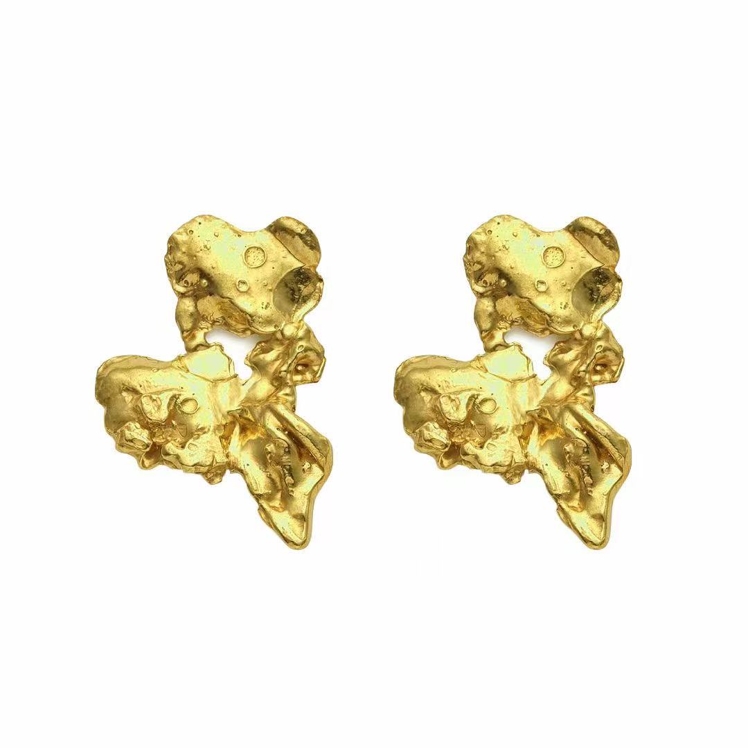 Irregular Lava Texture Stud Earrings - Golden Crumpled Design
