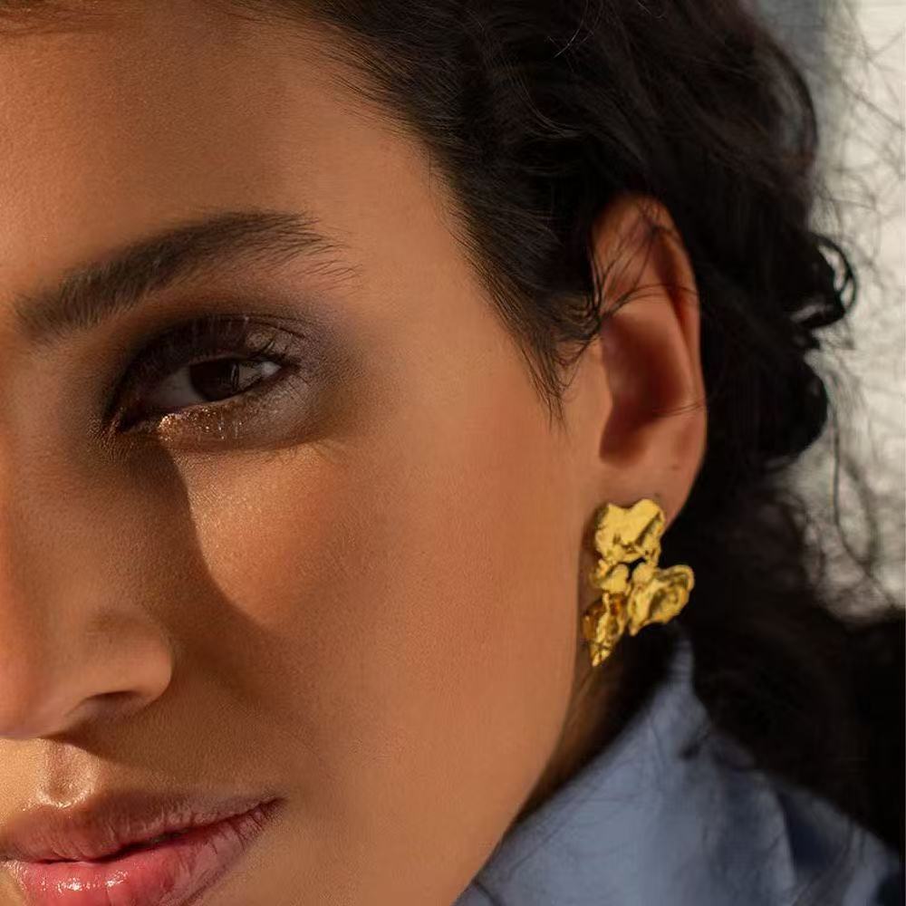 Irregular Lava Texture Stud Earrings - Golden Crumpled Design