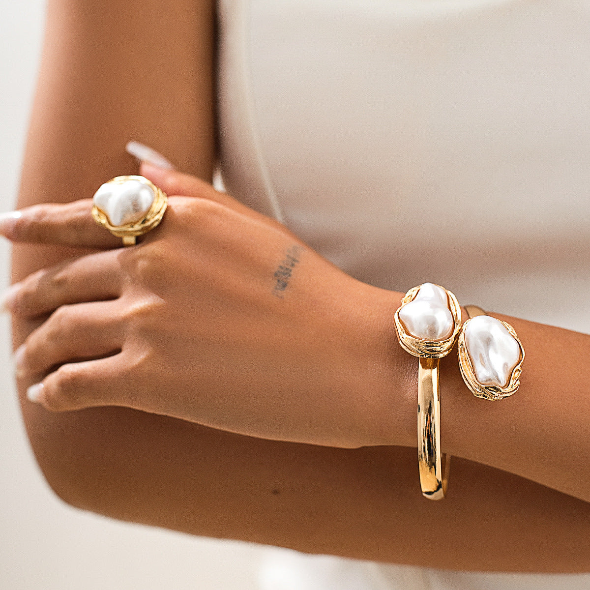 Vintage Baroque Pearl Open Bangle and Ring Set