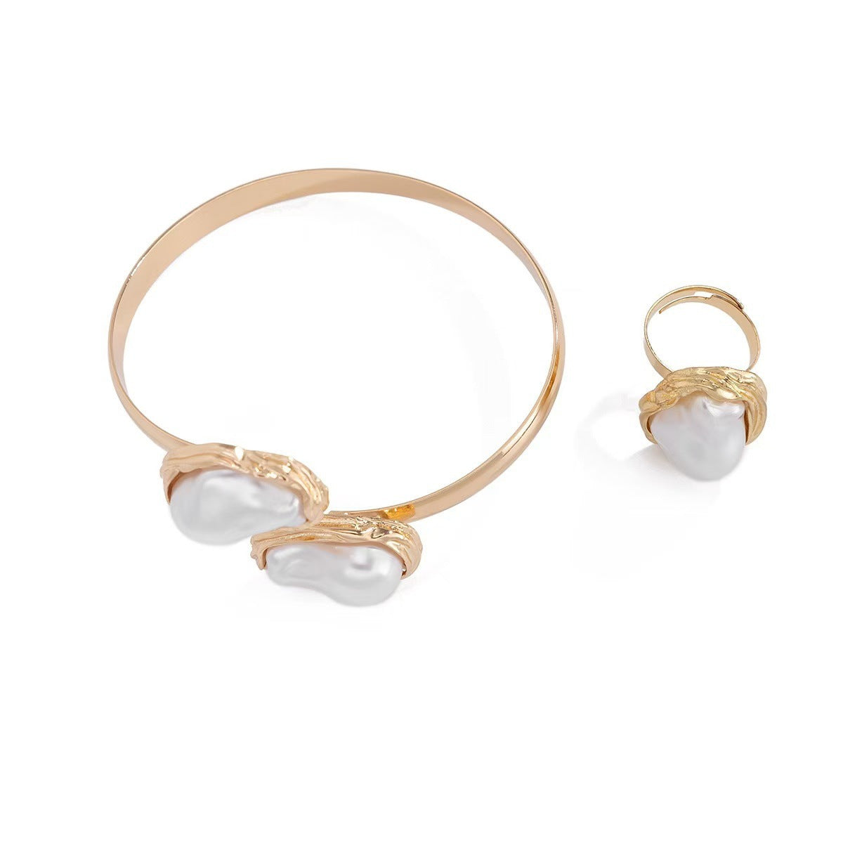 Vintage Baroque Pearl Open Bangle and Ring Set