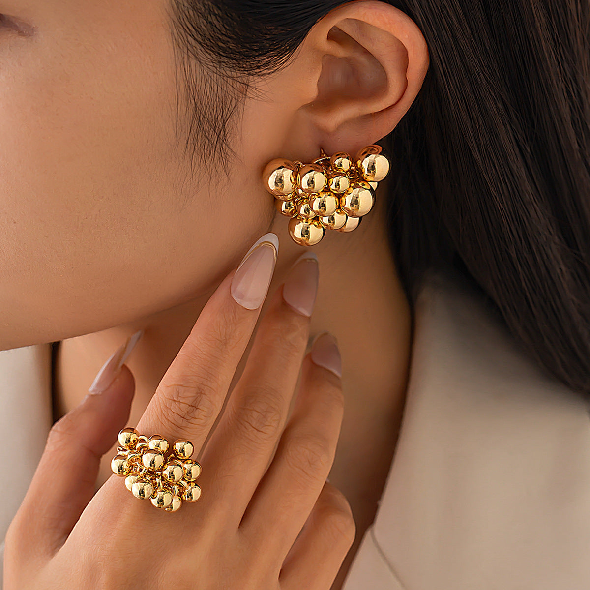 Trendy Geometric Round Ball Grape Cluster Earrings and Ring Set