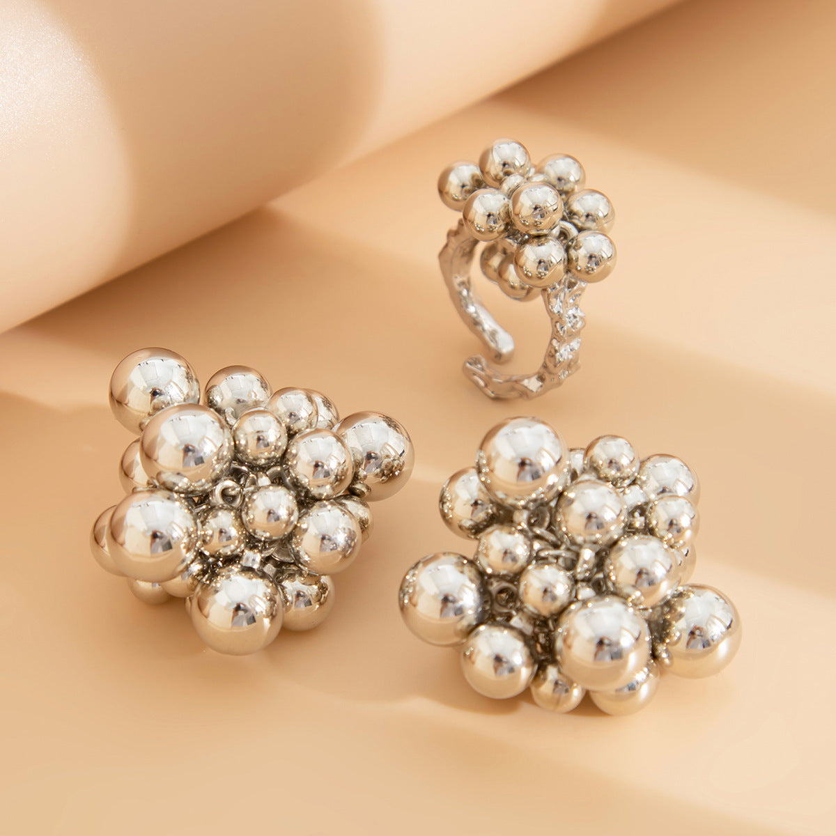 Trendy Geometric Round Ball Grape Cluster Earrings and Ring Set