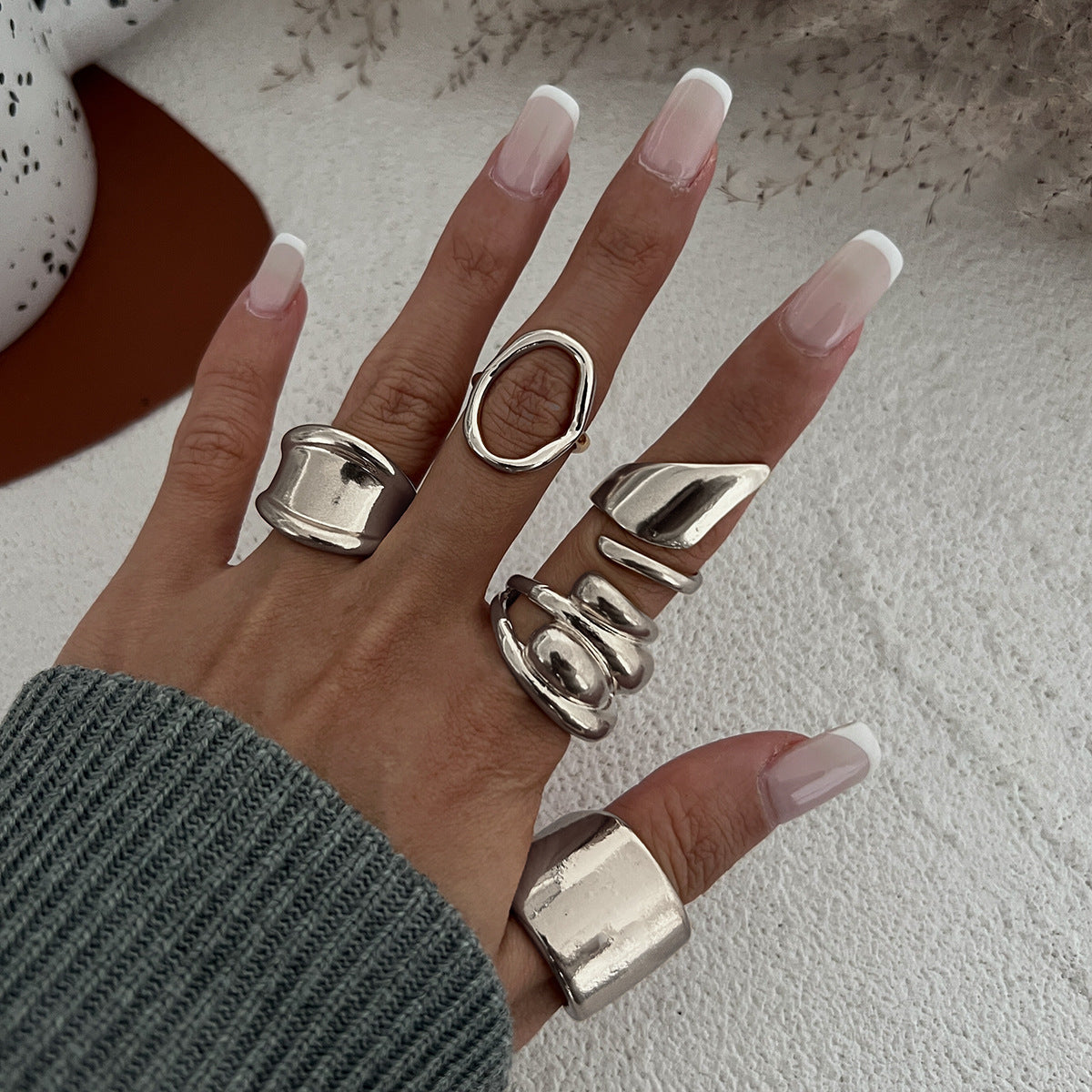 Retro U-Shaped Geometric Open 5-Piece Ring Set