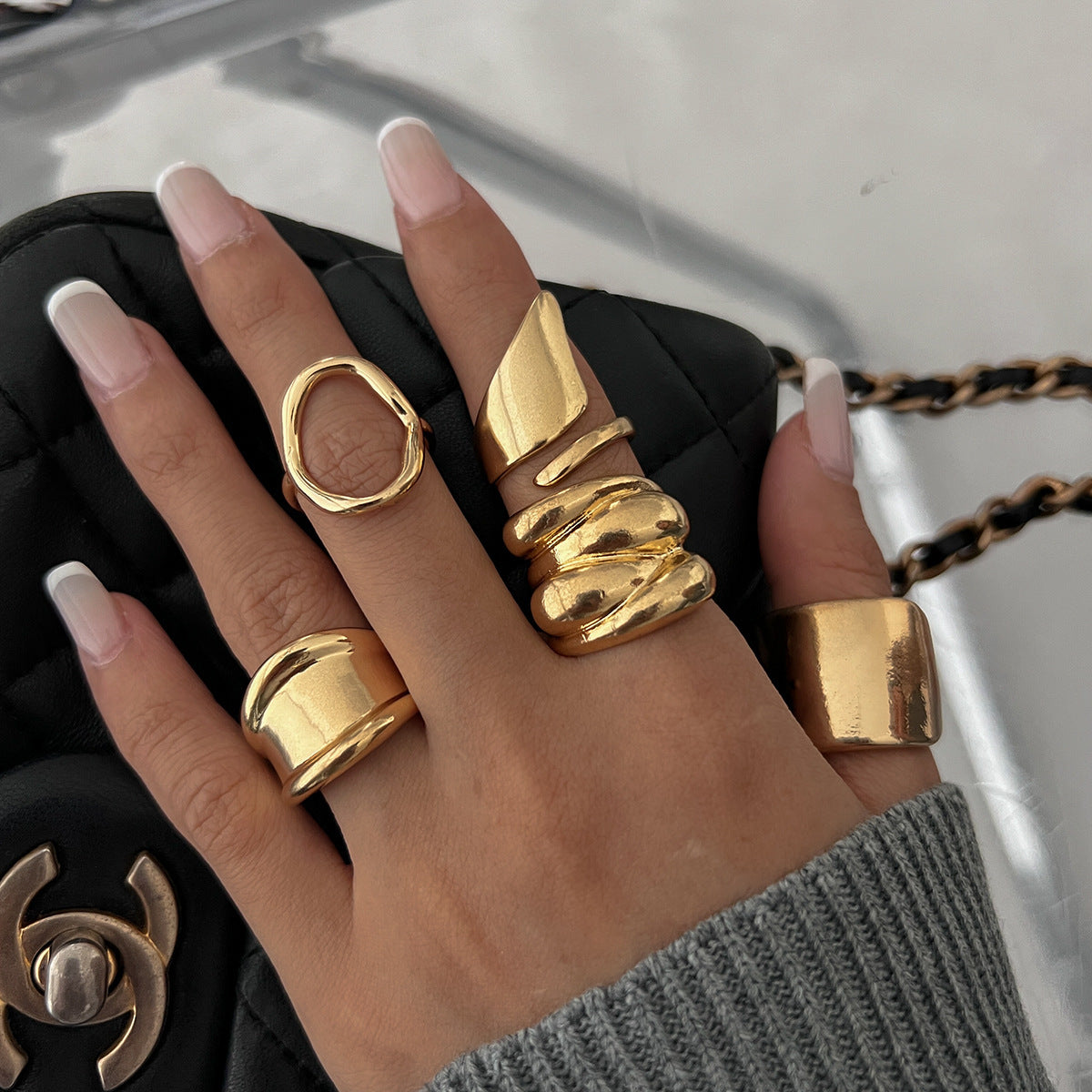 Retro U-Shaped Geometric Open 5-Piece Ring Set
