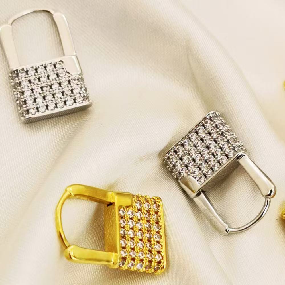 Brass electroplated real gold 24k lock inlay AAA zircon earrings