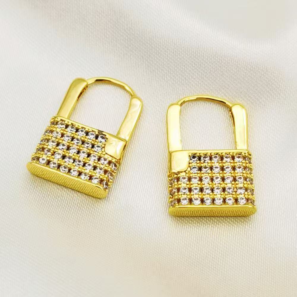 Brass electroplated real gold 24k lock inlay AAA zircon earrings