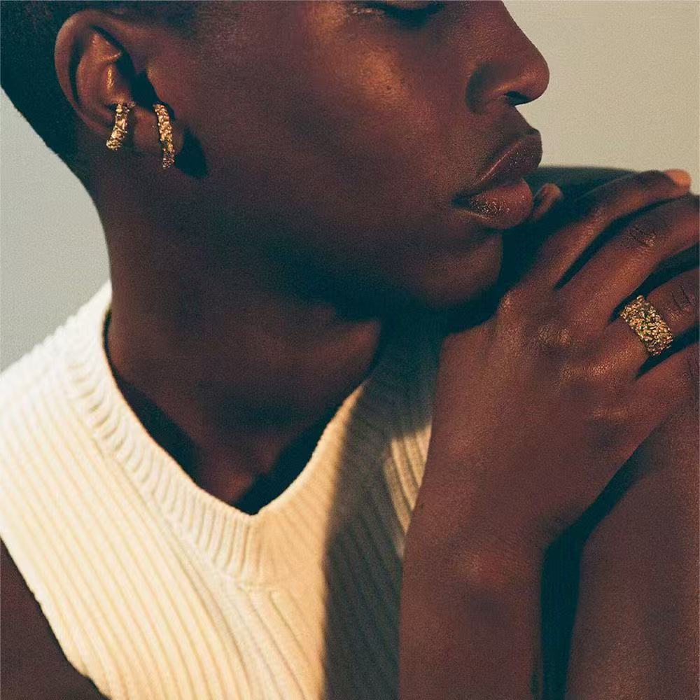 Lava-Inspired Irregular Ear Cuff: Niche Vintage Design, 24K Gold Plated Brass
