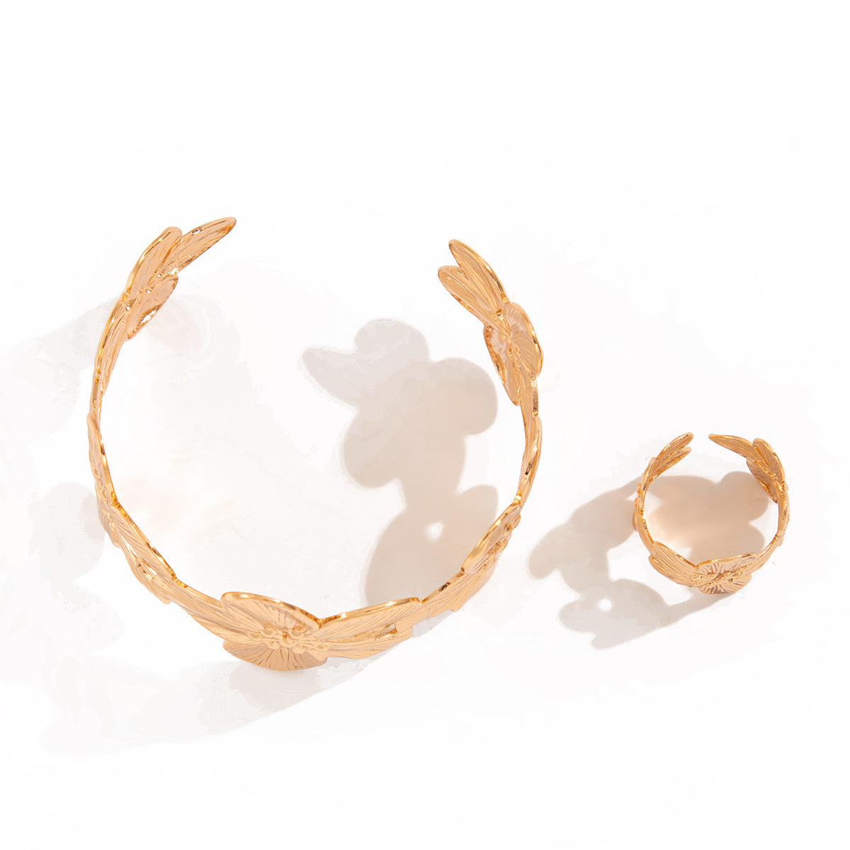 Elegant Floral Open Cuff Bracelet and Ring Set