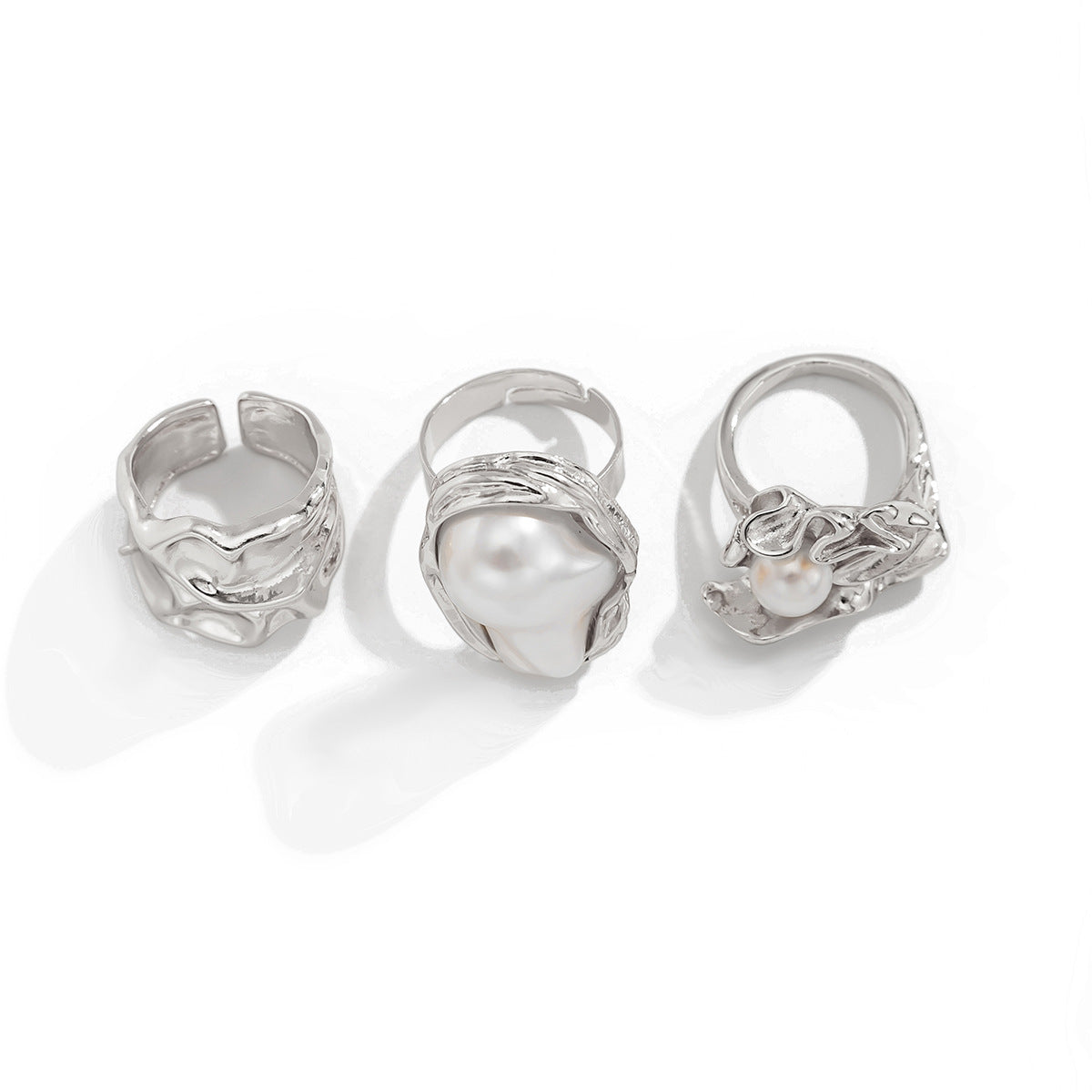 Liquid Irregular Ruffled Baroque Pearl 3-Piece Ring Set