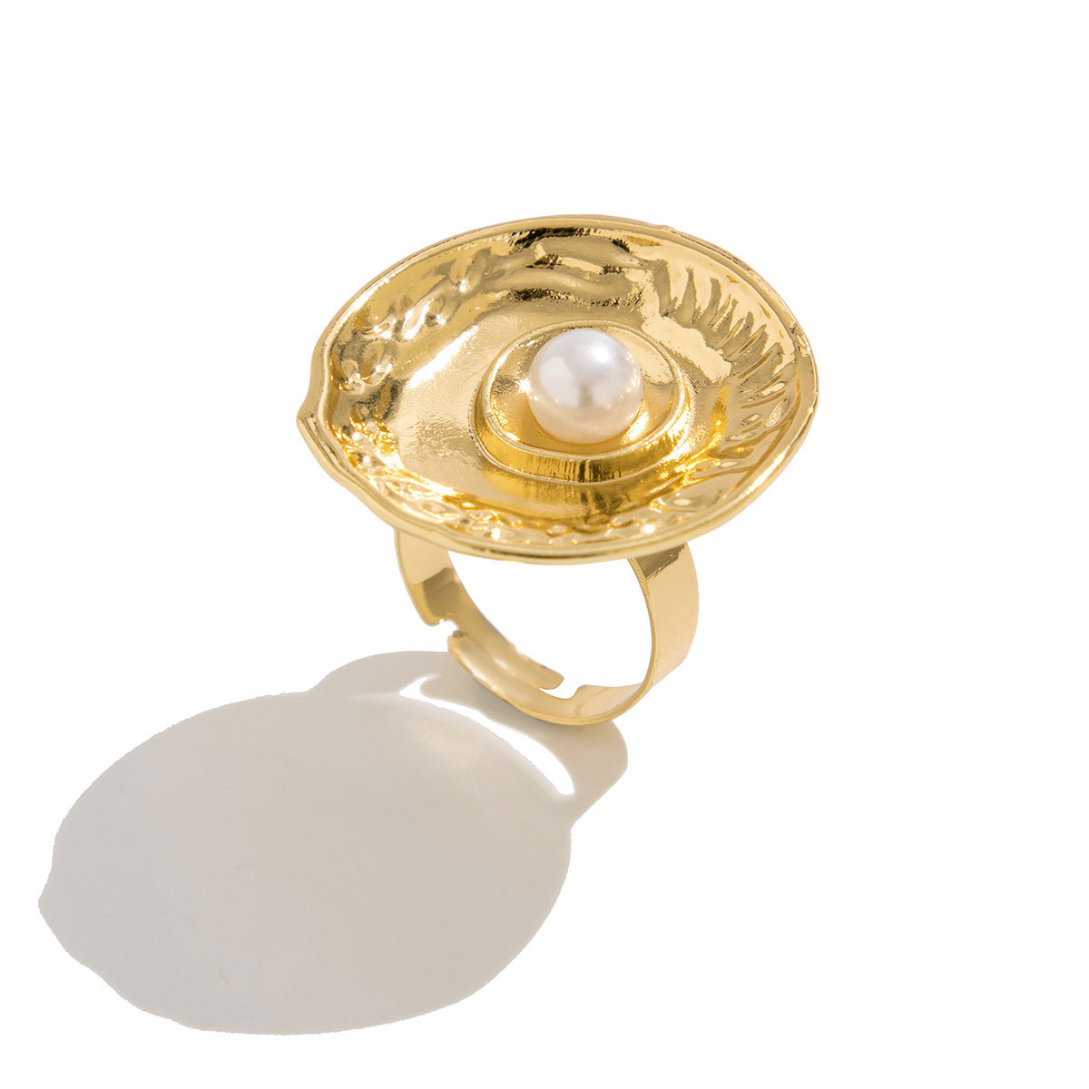 Golden Pearl-Embedded Floral Ruffled Round Ring