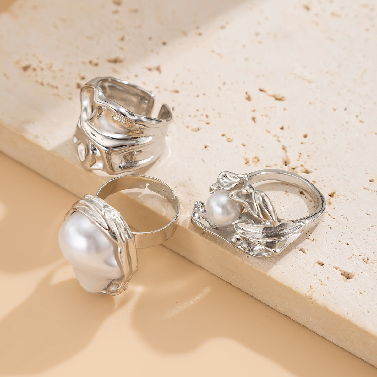 Liquid Irregular Ruffled Baroque Pearl 3-Piece Ring Set