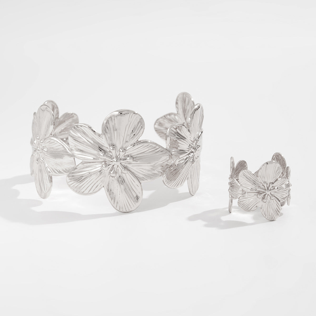 Elegant Floral Open Cuff Bracelet and Ring Set