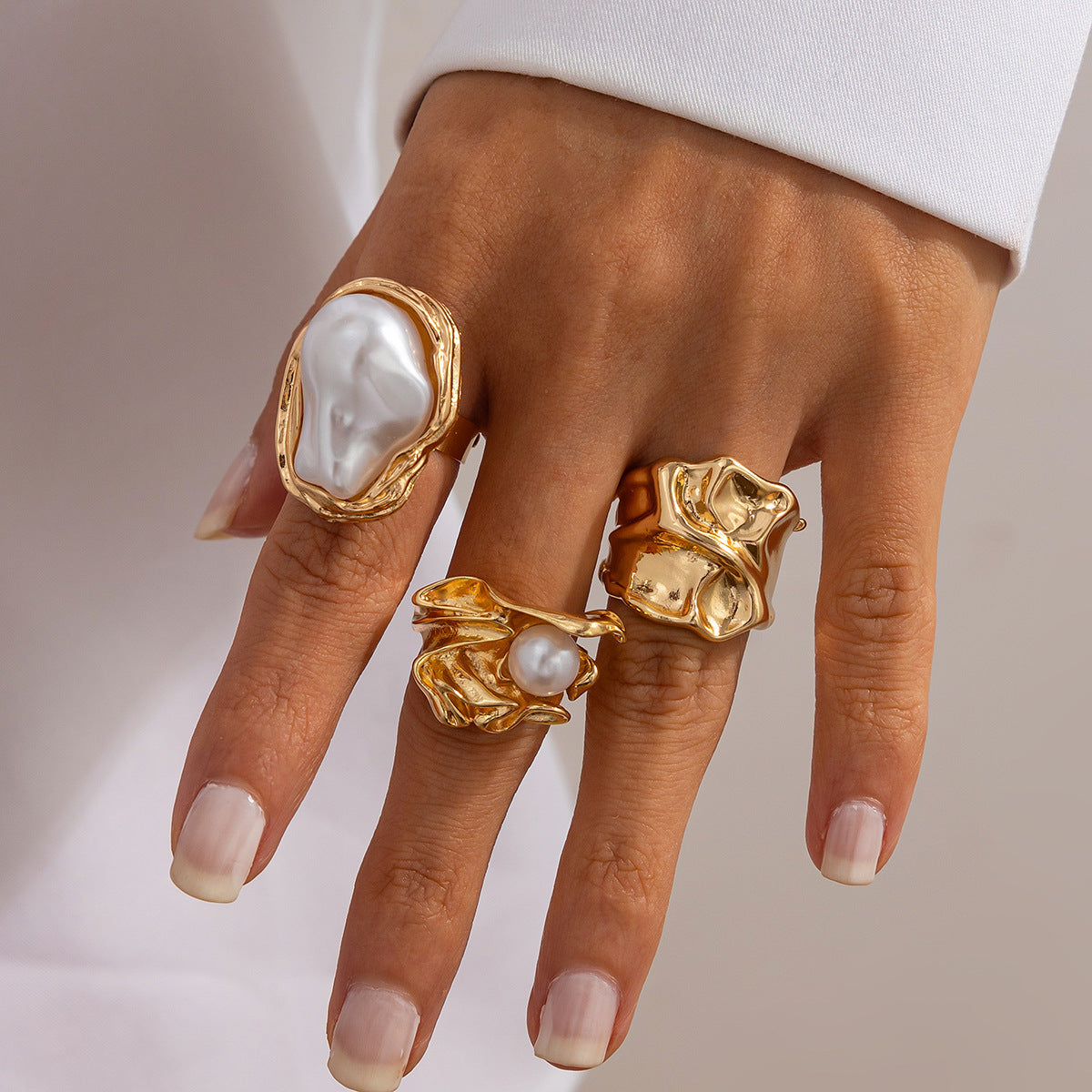 Liquid Irregular Ruffled Baroque Pearl 3-Piece Ring Set