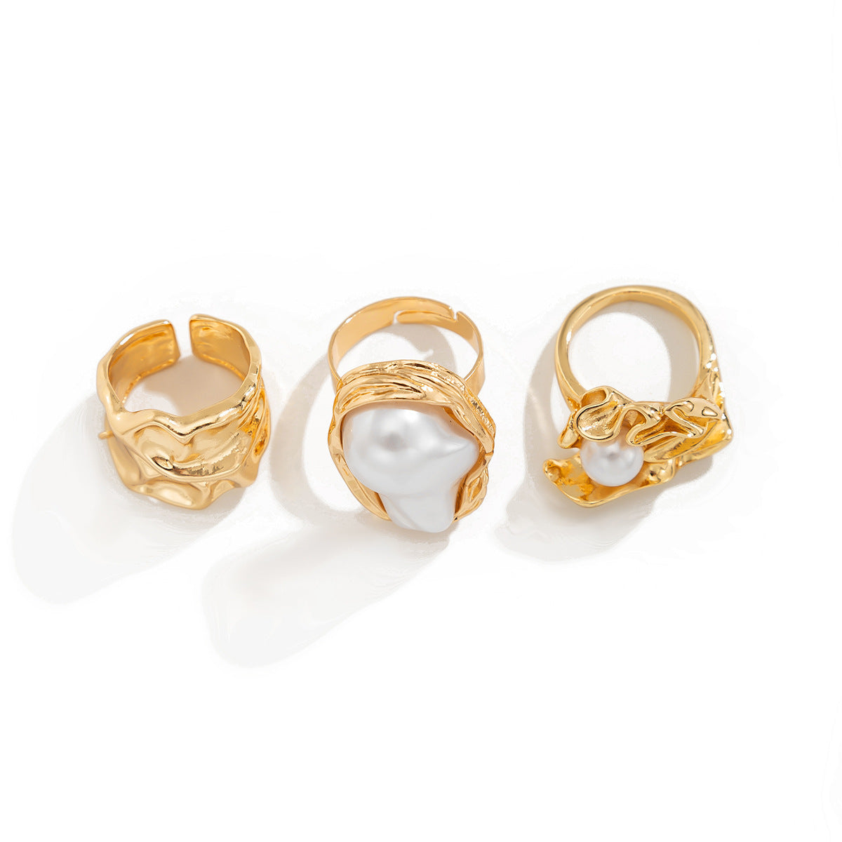 Liquid Irregular Ruffled Baroque Pearl 3-Piece Ring Set