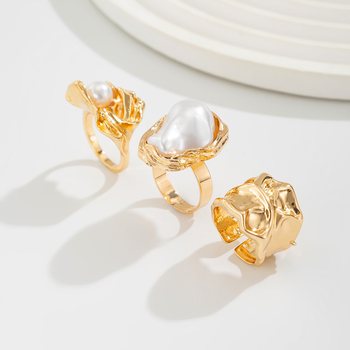 Liquid Irregular Ruffled Baroque Pearl 3-Piece Ring Set
